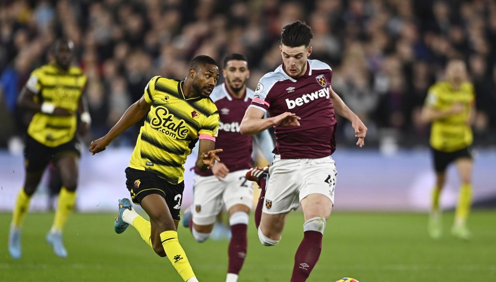 West Ham United's Declan Rice in action with Watford's Emmanuel Dennis REUTERS/Tony Obrien