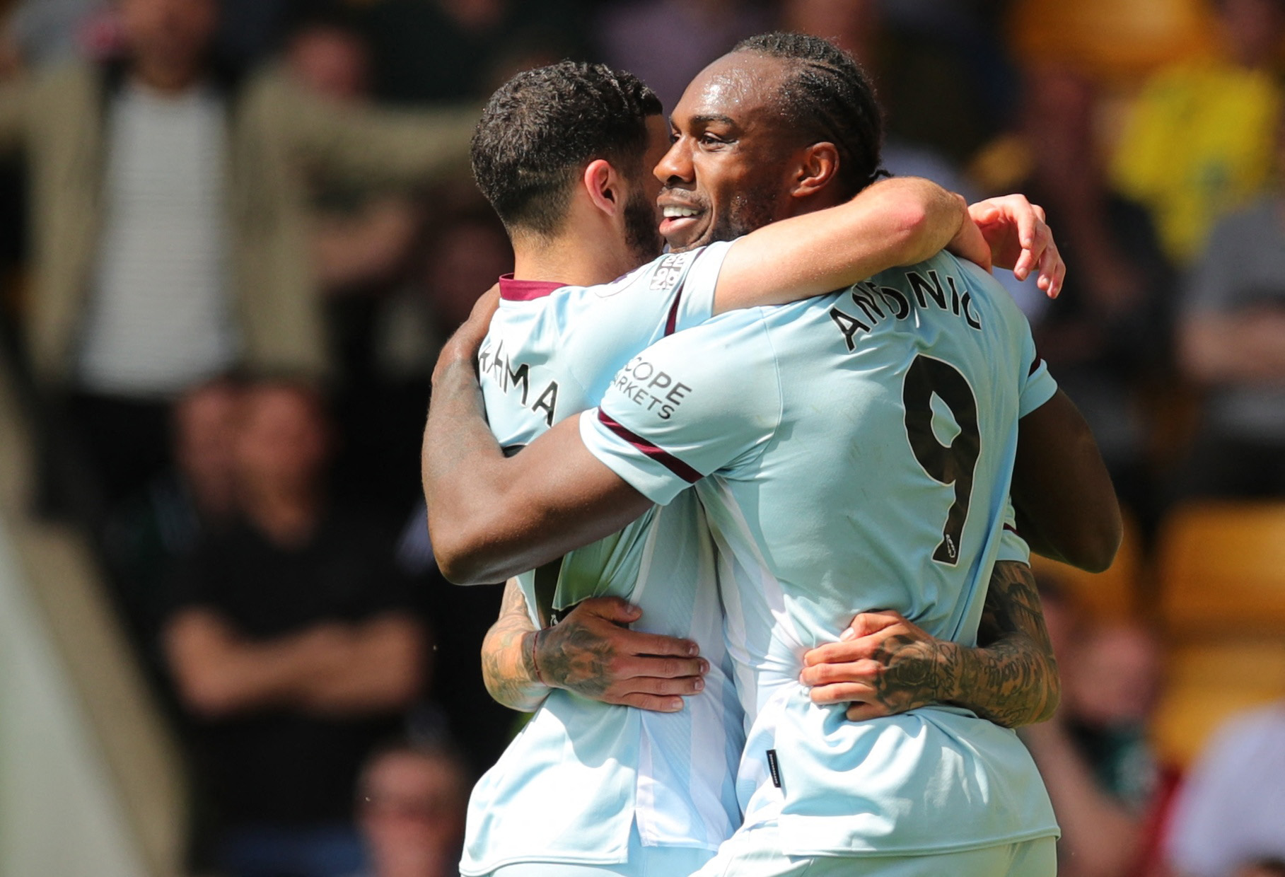 Michail Antonio celebrates scoring for West Ham against Norwich