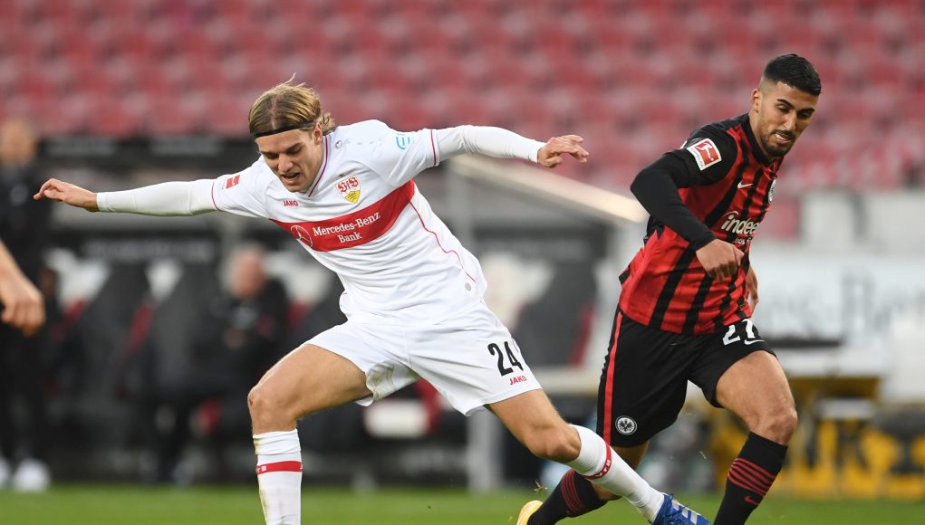 VfB Stuttgart's Borna Sosa in action with Eintracht Frankfurt's Aymen Barkok