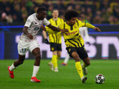 Borussia Dortmund's Karim Adeyemi in action with Lille's Ngal'Ayel Mukau. (REUTERS/Thilo Schmuelgen)