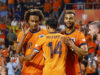 Netherlands' Cody Gakpo, Tijjani Reijnders and Joshua Zirkzee. (REUTERS/Piroschka Van De Wouw)