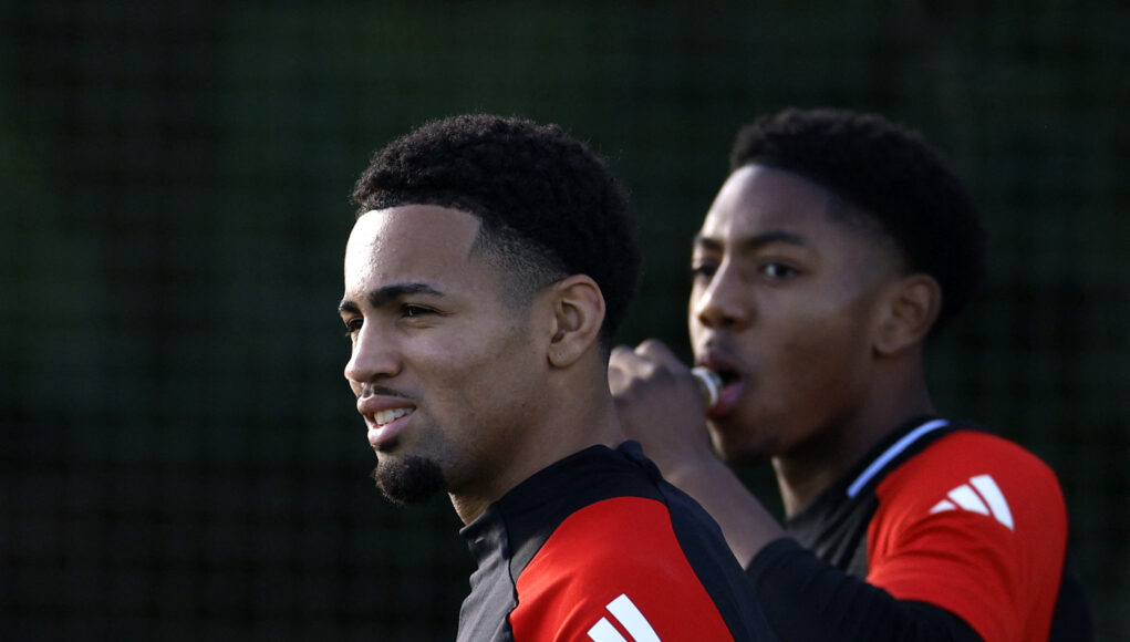 Arsenal's Ethan Nwaneri and Myles Lewis-Skelly. (Reuters/John Sibley)