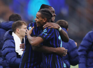 Inter Milan's Manuel Akanji and Yann Bisseck. (REUTERS/Claudia Greco)