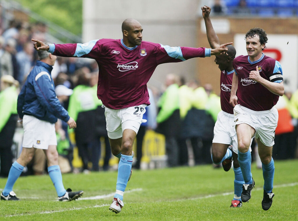Brian Deane celebrates for West Ham in 2004.