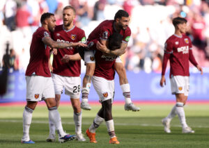West Ham players celebrate against Everton